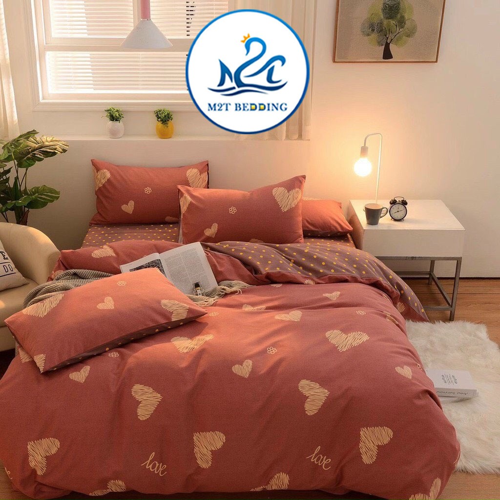 Bộ chăn ga gối Cotton Poly M2T bedding Tim vàng xước, vỏ chăn mên, drap giường và 2 vỏ gối