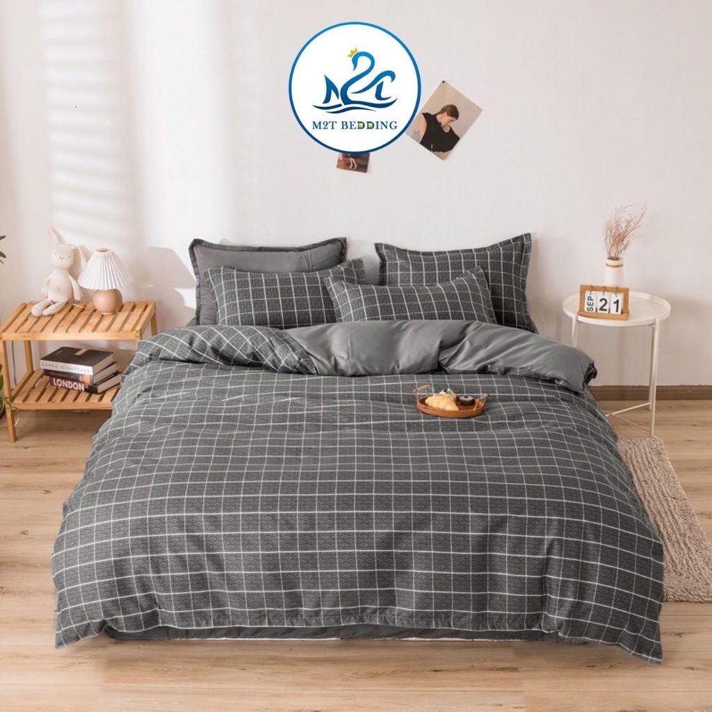 Bộ chăn ga gối Cotton poly M2T bedding gồm vỏ chăn mền, drap ga giường và 2 vỏ gối nằm - PL kẻ dạ